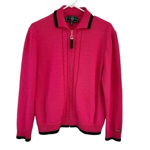 ST. JOHN by Marie Gray Hot Pink + Black Ribbed Knit Full Zip Collared Sweater S
